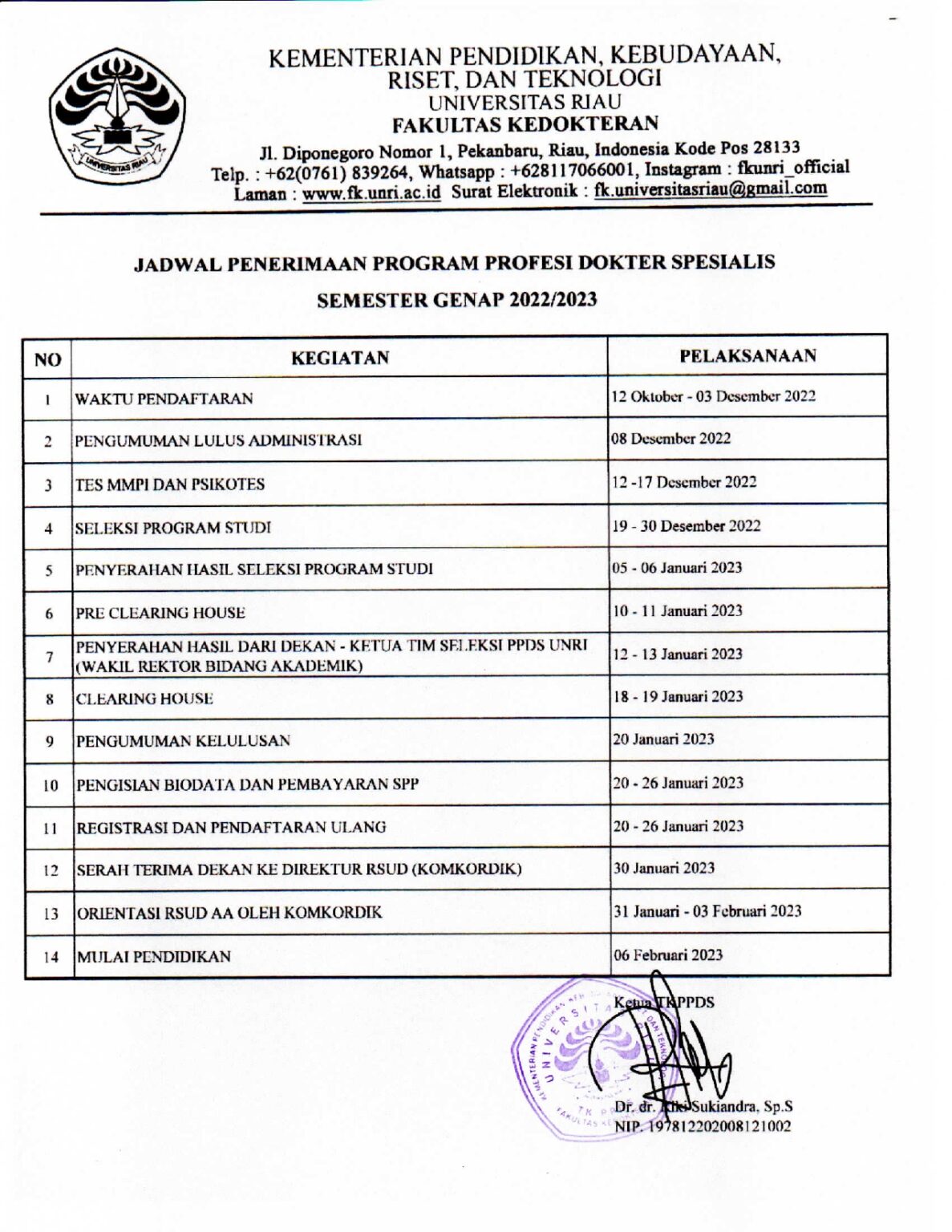 Pembukaan Pendaftaran Mahasiswa Baru Calon Peserta Ppds Program